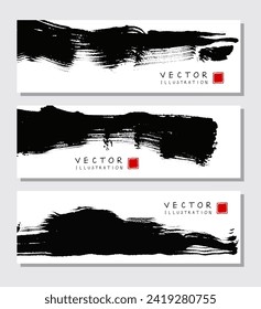 Black ink brush stroke on white background. Japanese brush style banner. Vector illustration of grunge stains