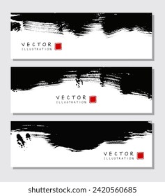 Black ink brush stroke on white background. Japanese brush style banner. Vector illustration of grunge stains