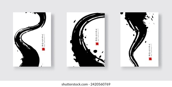 Black ink brush stroke on white background. Japanese style. Vector illustration of grunge wave stains.Vector brushes illustration.