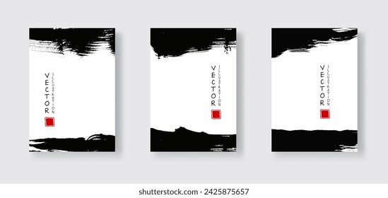 Trazo de pincel de tinta negra sobre fondo blanco. Banner de estilo japonés. Ilustración vectorial de manchas de grunge