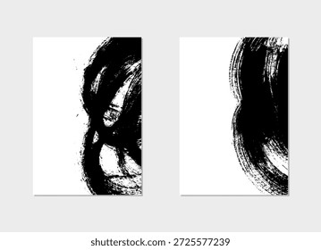 Traçado de pincel de tinta preta em plano de fundo branco. Estilo japonês. Ilustração vetorial de manchas grunge.Sobreposição grunge vetorial. Tinta preta pincel traçados, padrões, cartazes, capa. Traços de pincel áspero preto.