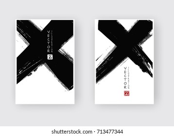 Black ink brush stroke on white background. Japanese style. Vector illustration of grunge circle stains