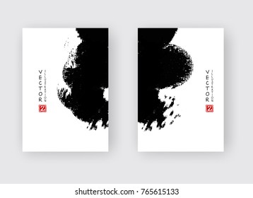 Black ink brush stroke on white background. Japanese style. Vector illustration of grunge strip stains