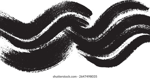 Black ink brush strokes create a dynamic wave pattern against a white background The texture is rough and slightly grainy with visible brush marks
