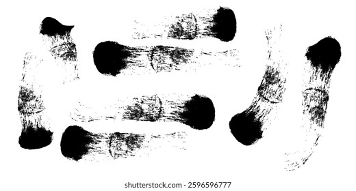 Black ink brush strokes, creating a distressed grunge texture, perfect for backgrounds, overlays, and artistic design elements,  rough edges and scattered ink splatter add a raw, organic feel
