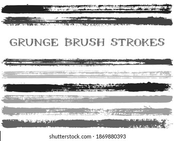 Black ink brush strokes isolated design elements. Set of paint lines. Advertising stripes, textured paintbrush stroke shapes. Collection of ink brushes, stripes isolated on white, vector paint samples