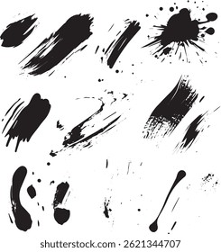 Traçados e manchas de pincel de tinta preta, conjunto de vetores de textura grunge