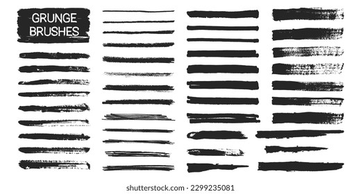 Black ink brush strokes. Texture paintbrushes, grunge elements, dry brushes, grungy stain and line, design elements on white background. Vector set. Thick and thin stripes, dark paint