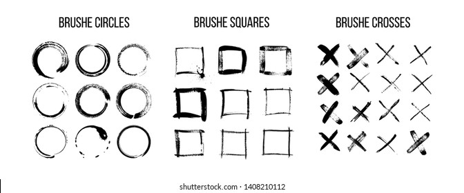 Black ink brush strokes vector set. Freehand dry brush lines. Grunge style geometric elements, circles, squares, crosses.