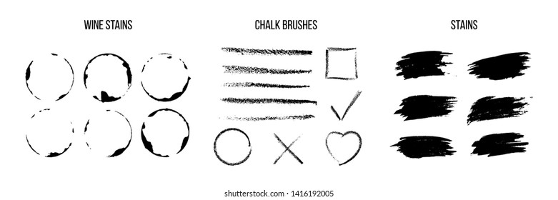 Black ink brush strokes vector set. Dirty wine stains. Decorative chalk brushes