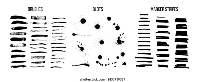 Black ink brush strokes vector set. Freehand dry brush lines, marker stripes and dirty blots. Grunge style brushes