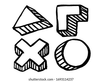 Black ink brush strokes vector set. Freehand dry brush lines. Grunge style geometric elements, circle, triangle, cross.