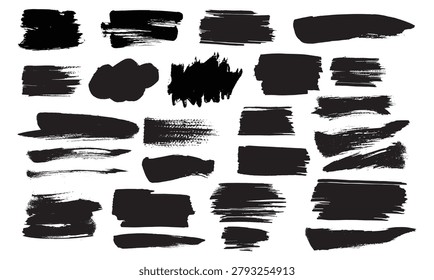 Black ink brush strokes vector elements set with grunge paint textures and abstract swatches isolated on white background.