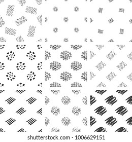 Black ink brushes grunge seamless patterns, hand drawing backgrounds, brush strokes elements. Vector set.