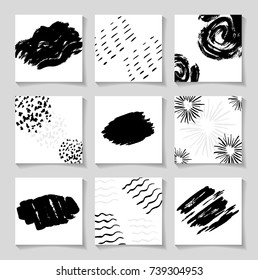 Black ink brushes grunge square patterns, hand drawing backgrounds, brush strokes elements. Vector minimalism and scandinavian style set. 