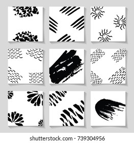 Black ink brushes grunge square patterns, hand drawing backgrounds, brush strokes elements. Vector minimalism and scandinavian style set.