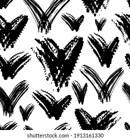 Black ink check marks isolated on white background. Cute monochrome seamless pattern. Vector flat graphic hand drawn illustration. Texture.