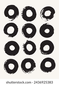 Black Ink Circle Brush Poster. Abstract Grunge Stamp Set. Round Vector Isolated on White Background. Black Stamp Vector. Ink and Stamp Design Template. Round grunge hand drawn circle shape