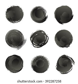Black ink circle brush strokes set. Grunge style. Vector illustration for your graphic design.