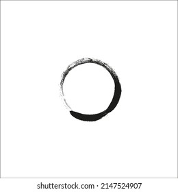 El círculo de tinta negra se encuentra en blanco. Símbolo budista de Enso, plantilla de elemento de logotipo vectorial. Forma redondeada de pincel, letra o, marco grueso.