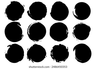 Black ink circles. Abstract brush strokes. Artistic round shapes. Vector illustration.