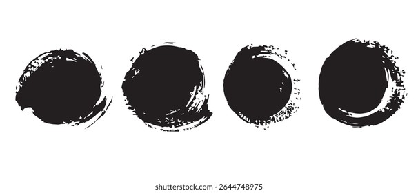 Black Ink Circles Grunge Texture Brush Strokes Abstract Background.