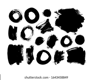 Black ink circles and smears vector illustrations set. Dirty black paint round shapes isolated on white background. Dark smudges with dry brush stroke effect. Abstract gouache dabs and splotches pack