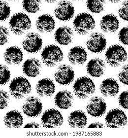 Black ink circles, spots, balls isolated on white background. Monochrome geometric seamless pattern. Vector simple flat graphic hand drawn illustration. Texture.