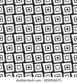 Black ink contour squares and rhombuses isolated on white background. Monochrome geometric seamless pattern. Vector flat graphic hand drawn illustration. Texture.