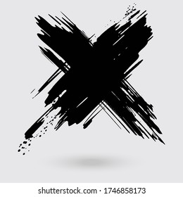 Black ink cross stroke on white background. Japanese style. Vector illustration of grunge cross stains