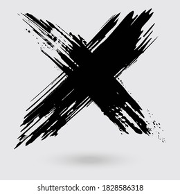 Black ink cross stroke on white background. Japanese style. Vector illustration of grunge cross stains