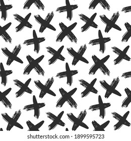 Black ink crosses isolated on white background. Monochrome seamless pattern. Vector flat graphic hand drawn illustration. Texture.