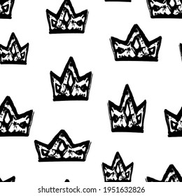 Black ink crown isolated on white background. Cute monochrome seamless pattern. Vector simple flat graphic hand drawn illustration. Texture.
