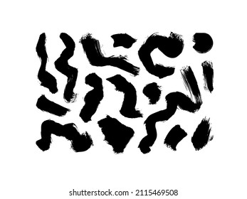 Black ink curved brush strokes. Bold lines and blots with rough edges. Hand drawn grunge design element. Grungy black smears and rough stains, wavy lines. Abstract ink brush doodle shapes. 