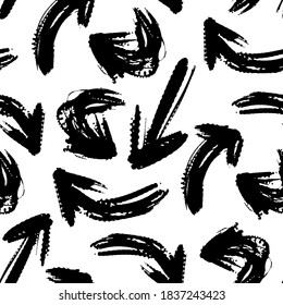 Black ink different arrows isolated on white background. Monochrome geometric seamless pattern. Vector flat graphic hand drawn illustration. Texture.