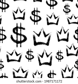 Black ink dollars and crowns isolated on white background. Monochrome seamless pattern. Vector simple flat graphic hand drawn illustration. Texture.