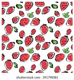 Black ink doodle hand drawn isolated strawberry seamless pattern on white background. Hand drawn abstract vector food illustration. Design element for card, print, template, wallpaper, texture.