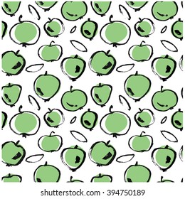 Black ink doodle hand drawn isolated apple seamless pattern on white background. Hand drawn abstract vector food illustration. Design element for card, print, template, wallpaper, texture.