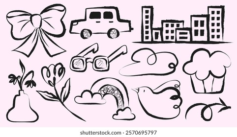 Black ink doodles of a bow, car, buildings, glasses, cloud, flower, rainbow, bird, and cupcake on a light pink background. Playful and whimsical doodles. Cute element vector set.