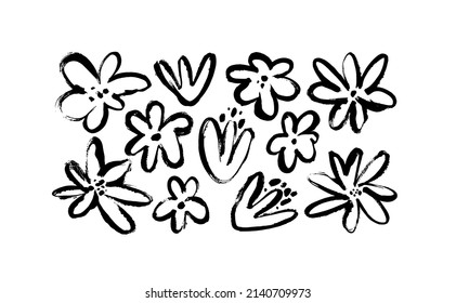 Black ink drawing flowers, monochrome artistic botanical illustration isolated on white background. Hand drawn floral vector elements. Tiny brush strokes. Chamomile and daisy cliparts. 