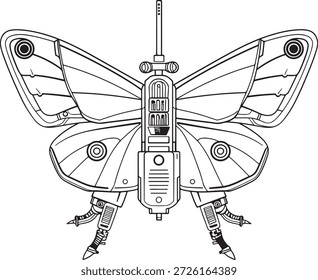 desenho de tinta preta de inseto mecânico, ilustração de vetor de borboleta steampunk, planta técnica de criatura voadora robótica