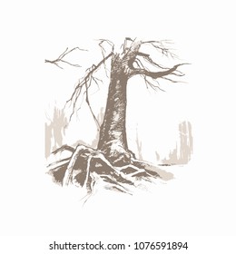 black ink drawing of a tree in the forest