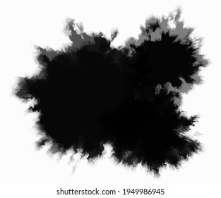 Black Ink drop on white background. Round, ragged inkblot slowly spreads out from the center. Gradient watercolor transition from dark to light. Blob vector illustration.