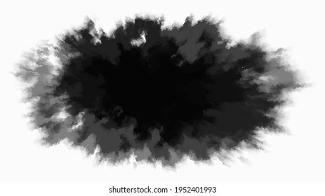 Black Ink drop on white background. Round, ragged inkblot slowly spreads out from the center. Gradient watercolor transition from dark to light. Blob vector illustration.