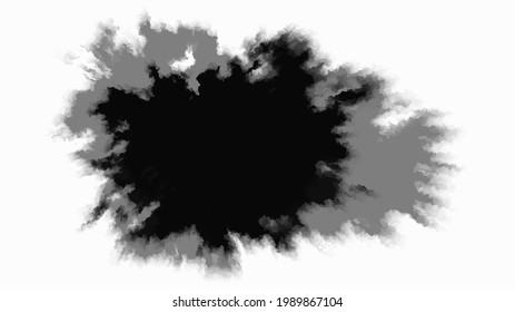 Black Ink drop on white background. Round, ragged inkblot slowly spreads out from the center. Gradient watercolor transition from dark to light. Blob vector illustration.