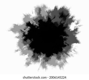 Schwarze Tinte auf weißem Hintergrund. Runde, zerrissene Tintenfische breiten sich langsam aus der Mitte aus. Farbverlauf-Übergang von dunkler zu heller Farbe. Blob, Vektorgrafik.