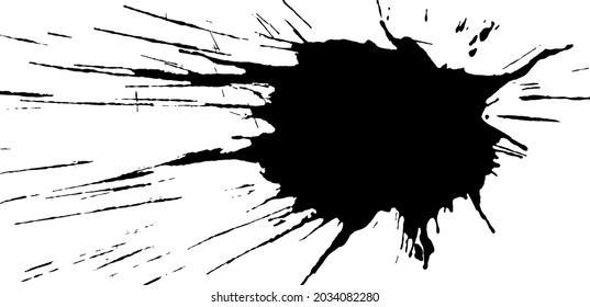 Schwarze Tinte auf weißem Hintergrund. Runde, zerrissene Tintenfische breiten sich langsam aus der Mitte aus. Blob, Vektorgrafik.