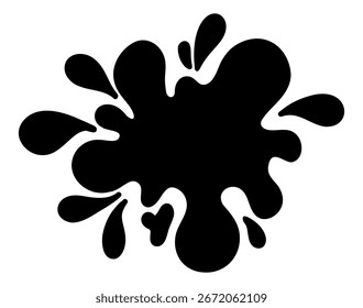 Black ink drop with splash. Hand drawn sketch blot with dripping effect. Liquid paint splatter spot for grunge design. Isolated vector illustration.