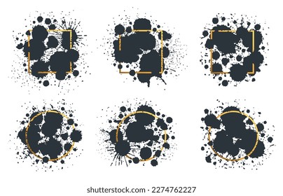 Black ink drops frames. Paint splash and spots borders, abstract ink splatters collection. Writing ink grunge drops frame silhouettes flat vector illustration set