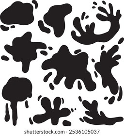 Black ink drops and splashes. Blotter spots, liquid paint drip drop splash and ink splatter. Dirty grunge abstract spot vector set. Illustration monochrome ink drip and splash